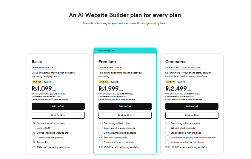 GoDaddy AI Website Builder pricing plan 
